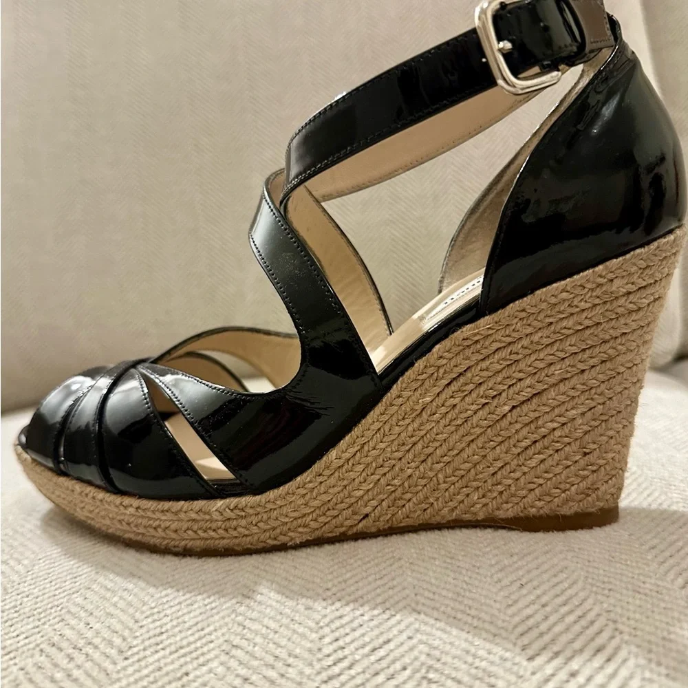 LK Bennett Black Patent Espadrille Wedges 39.5